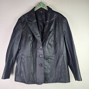 New Directions Woman Black 100% Leather 3 Button Blazer, Pockets, Plus Size, 2X